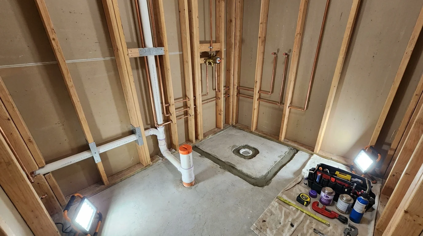 Bathroom rough-in plumbing during remodel by Johns Plumbing LLC in West Monroe