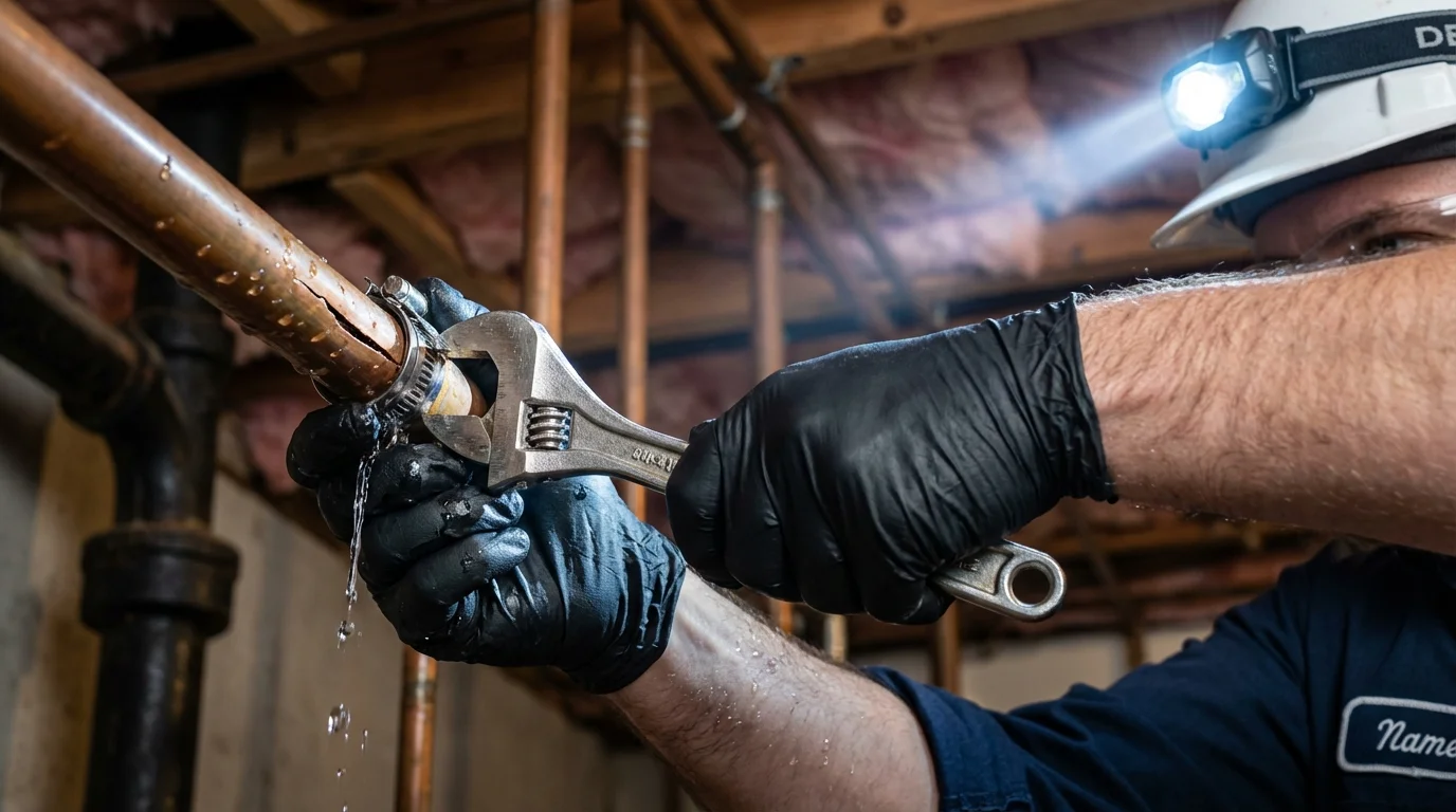Emergency pipe clamp repair being performed by a Johns Plumbing LLC plumber in West Monroe