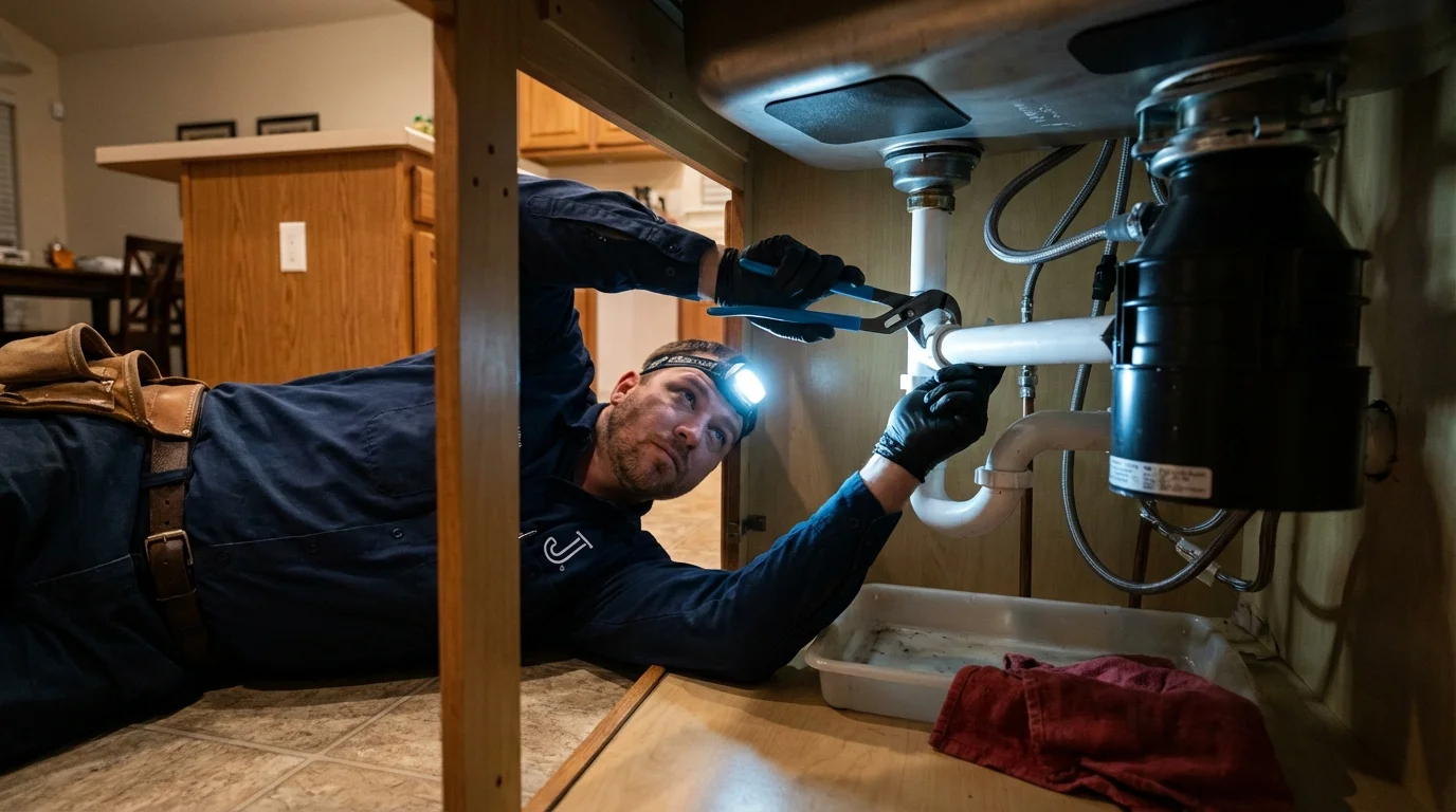 P-trap and supply line connections under a kitchen sink showing a common leak point in West Monroe, LA